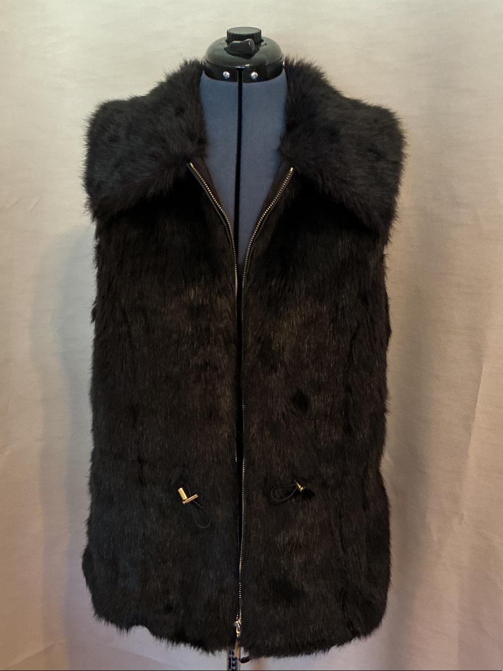 Black Faux Fur Zip Front Vest with Plush Collar